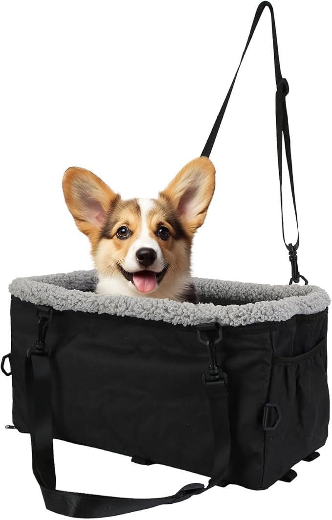 Small Dog Car Seat, Dog Car Carrier with Side Pocket Cotton Velvet Cushion, Portable Travel Pet Car Seat with Harness for Dogs Cats Up to 9LBS