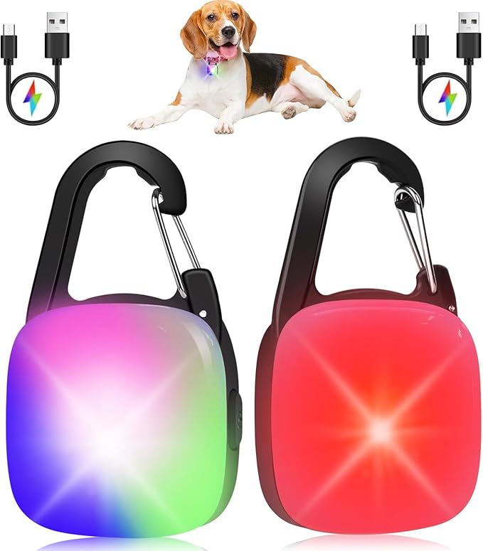 Dog Collar Light, 2 Pack Rechargeable Dog Light Clip On, 80LM Brightness 4 Color Modes Dogs Lights for Night Walking, Waterproof Pet Camping Essentials for Running, Cycling, Hiking (Black)
