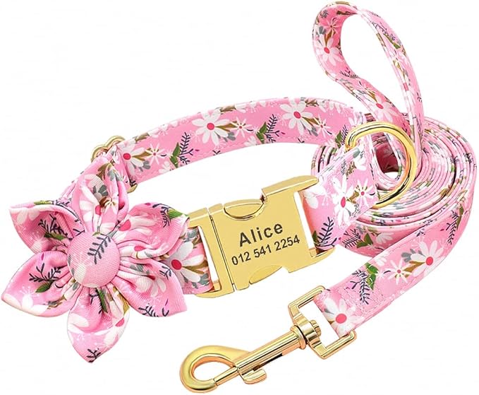 Flower Custom Dog Collar Leash Floral Printed Nylon Pet Dog Collars Lead Personalized Puppy Collars for Small Medium Large Dog 153 Pink Set S