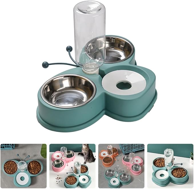 HOMSFOU Automatic Pet Feeder and Water Dispenser with 2 Stainless Steel Bowls 720ml Capacity Multi-Function Green Pet Feeding Station for Cats and Dogs