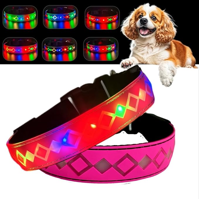 LED Dog Collar, 15 Light Modes, USB-C Rechargeable, Adjustable Silicone, Multiple Colors (Pink Pro, S(7.87-11.8"))