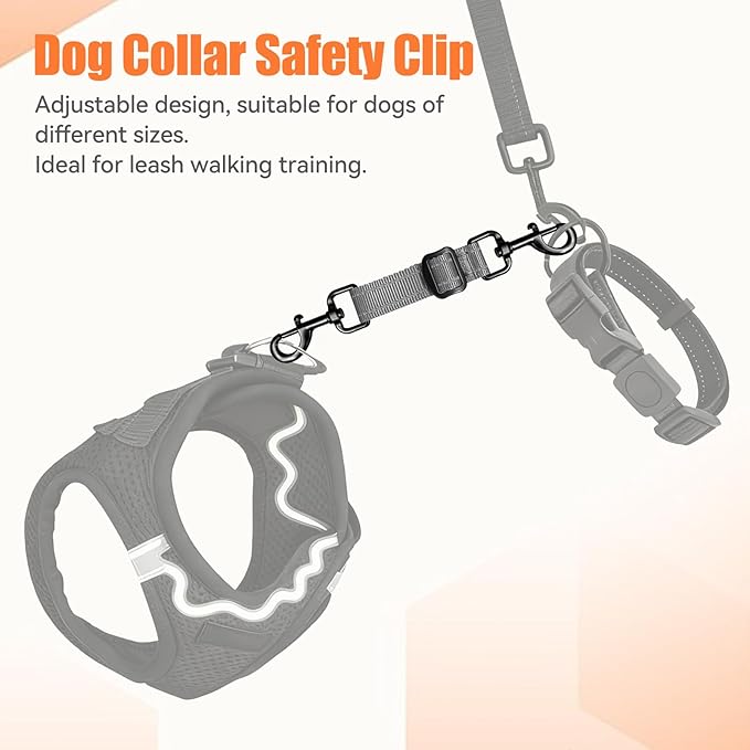 Dog Collar Safety Clip, Adjustable Backup Safety Strap, Double-Ended Leash Connector, High Reflectivity, Suitable for Dog Harnesses to Collar Safety Clips (Grey)