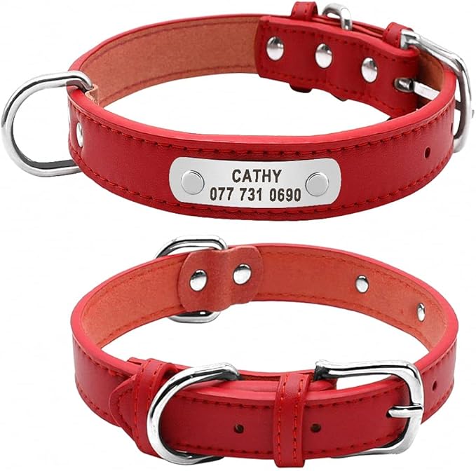 Large Durable Personalized Dog Collar PU Leather Padded Pet ID Collars Customized for Small Medium Large Dogs Cat 4 Size Red XL