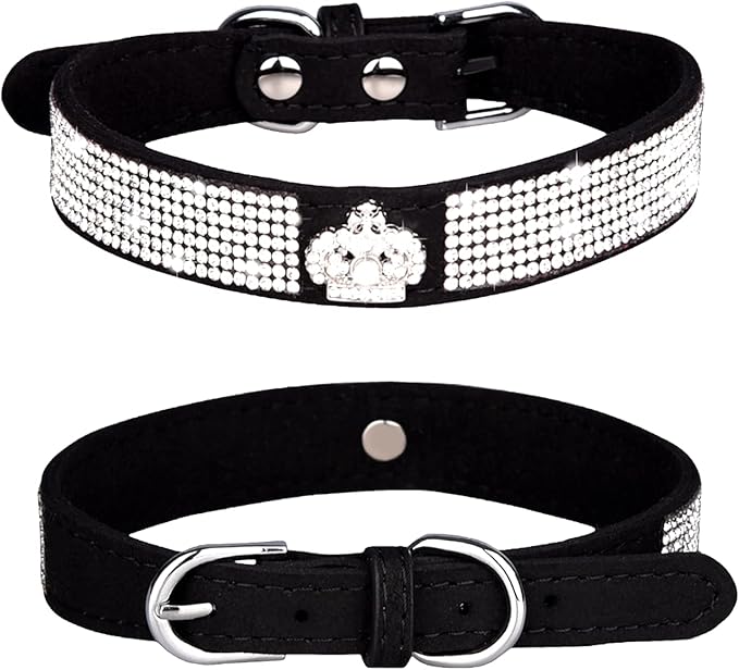 Rhinestone Dog Collar, Cute Dazzling Sparkling Soft Suede Leather Dog Cat Rhinestone Collar Crystal Diamond Pet Dog Puppy Collar (M, Black-4)