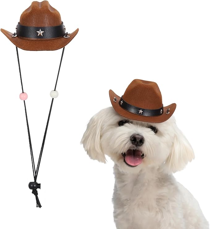 Dog Cowboy Hat, Mini Cowboy Hat for Pet with Chin Strap Adjustable Cosplay Cap Star Decor, (Brown, S), Intended for Dogs and Cats/Halloween Costume/Party Decoration