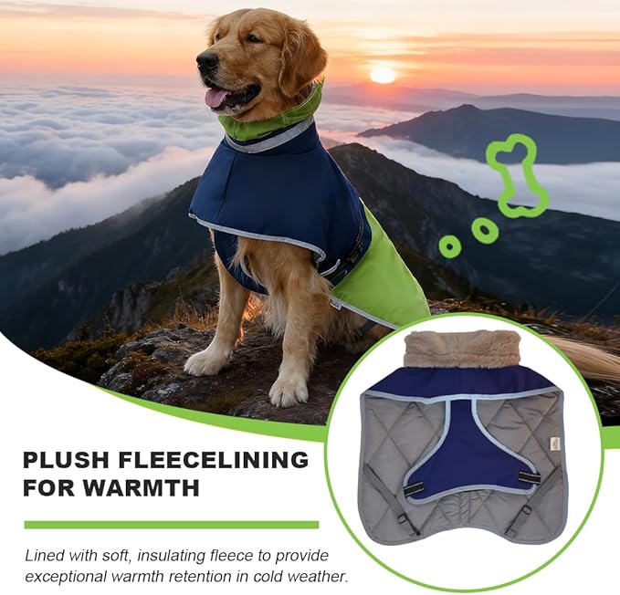 Waterproof Dog Winter Coat, Reflective Turtleneck Fleece Jacket with Snow Protection for Large Dogs, Cold Weather Pet Clothing (Green, XL)