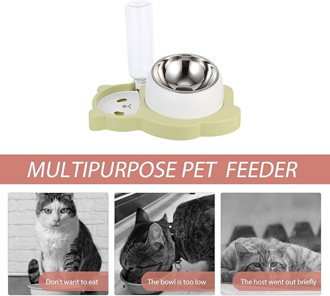 TOYANDONA Multi-Function Pet Feeder Bowl with Stainless Steel Cat Dog Food Holder and Automatic Water Dispenser, Splash-Resistant Green Bowl for Indoor Pets and Kittens