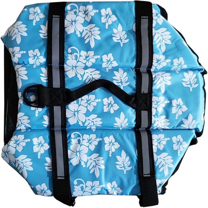 Dog Life Jacket Easy-Fit Adjustable Belt Pet Saver Swimming Safety Swimsuit Preserver with Reflective Stripes for Doggie (M, Flowers and Blue)