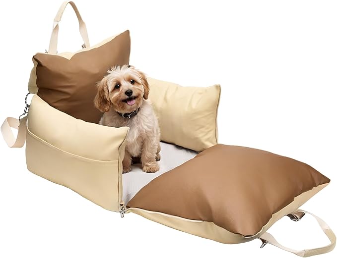 Small Dog car seat for Small Dogs seat Bed for car cat pet Puppy Bed Dog Medium Sized Booster 5-15 lbs with Harness（Milky White）