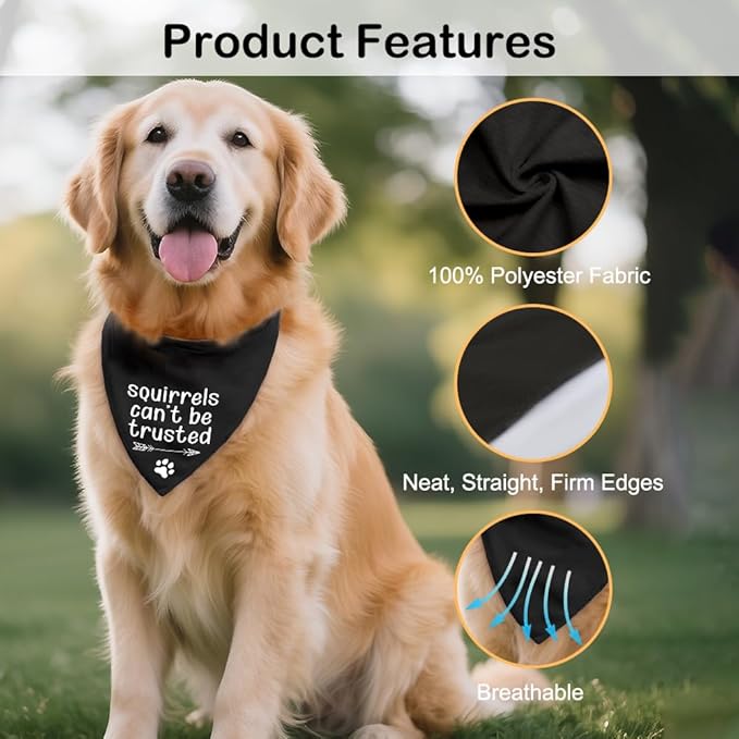 Squirrels Can't Be Trusted Black Dog Bandana, Funny Pet Scarf Photo Prop for Outdoor Adventure Hiking Camping Mountain, Humor Gifts for Pup Mom Dad Lover, Gifts for Ranger, Dog Scout Bandana