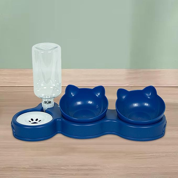 3 in 1 Dog Cat Bowls Water and Food Bowl Set Pet Feeder with Automatic Waterer Bottle Feeding Bowls for Puppy Small or Medium Size Dogs Cats, Dark Blue