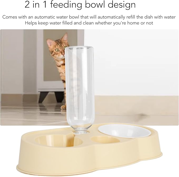 Pet Water and Food Bowl Set, Stable Prevent Slip Double Pet Bowls with Automatic Water Dispenser Bottle, Double Dog Cat Bowls Pet Feeding Bowls for Cats Small Dogs(Yellow)
