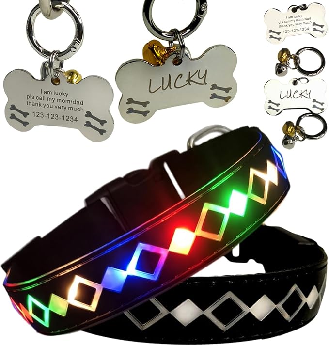 LED Dog Collar with ID Tag, 15 Light Modes, Waterproof Silicone, Night Safety (Black Pro, XL(19.7-23.6"))