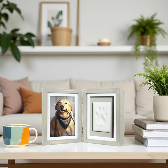 Pearhead Pet Paw Print Photo Frame with Clay Imprint Kit - Wooden Photo Frame, DIY No-Mess Pawprint Keepsake, Perfect for Cats & Dogs, Ideal Memorial and Home Decor Gift, Distressed Gray