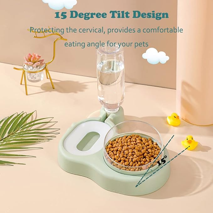 Love Dream 2-in-1 Dog Cat Bowls, 15°Tilted Raised Water and Food Bowl Set with Automatic Water Dispenser Bottle and Detachable Cat Dish, Pet Feeder for Small or Medium Dogs Cats Puppy Kitten Rabbit