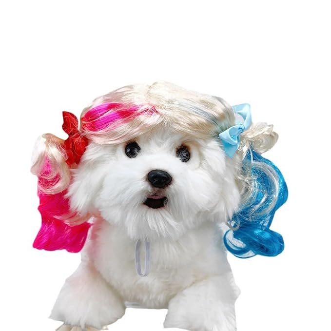 Pet Wig for Dogs and Cats, Realistic Adjustable Costume Wig with Simulated Hair for Small Medium Large Pets, Halloween Cosplay Party Photo Shoot Fun Accessory (Red)
