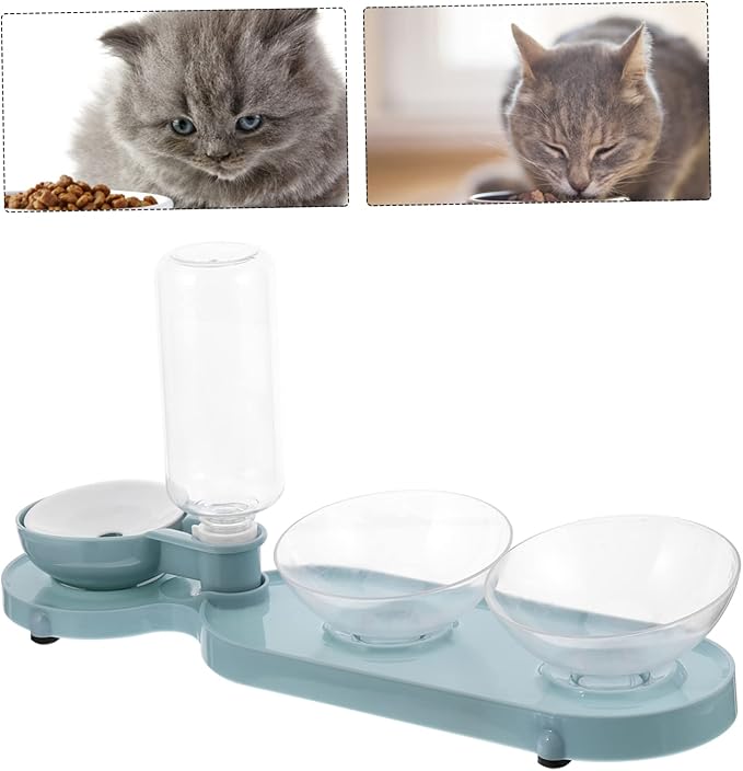 Balacoo Pet Food Holder Tilt Double Bowels Automatic Water Dispenser Bottle Cat Water Feeder Blue