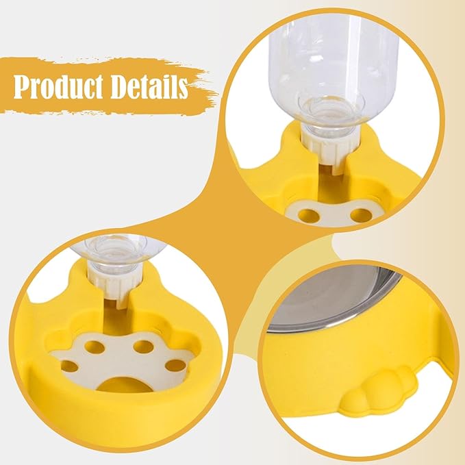 Dog Bowl with Automatic Water Bottle Practical Pets Water and Food Bowl Set for Small Medium Dogs Puppy- Yellow