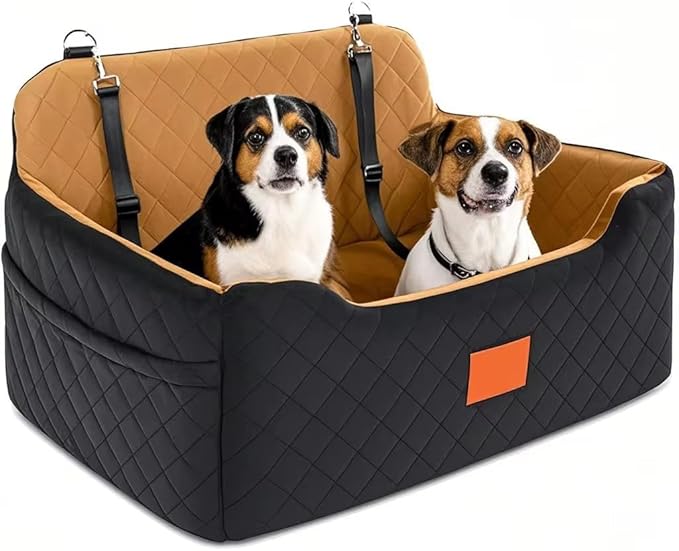 Quilted Car Dog Booster Seat, Black and Gray, Double Pet Car Seat with Safety Straps, Washable Travel Carrier. (Black Gray)