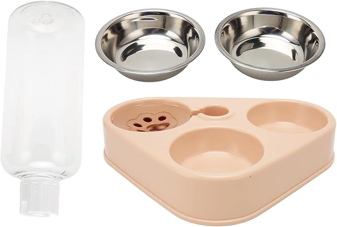 Triple Cat Bowl, Pet Water and Food Bowl Set, Prevent Spill Automatic Water Dispenser Bottle, Detachable Stainless Steel Pet Feeder for Cat, Dog, Puppy, Rabbit, Bunny