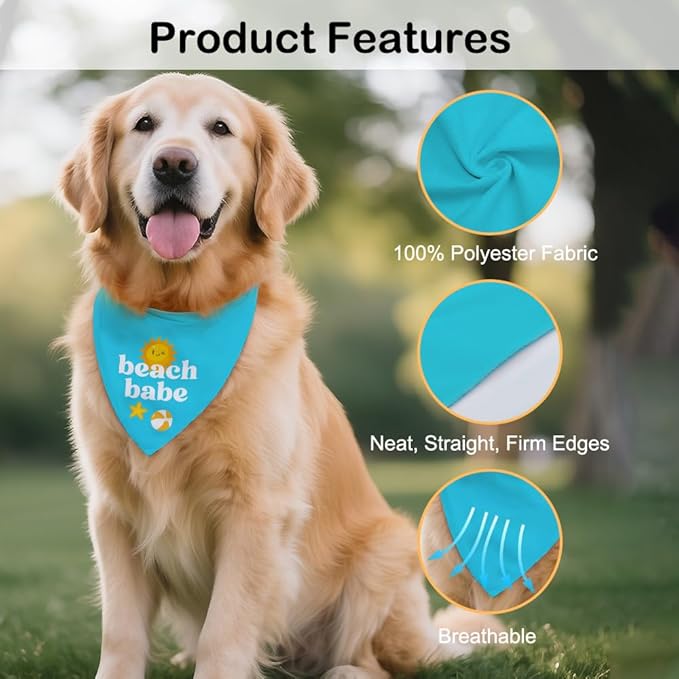 Beach Babe Blue Dog Bandana, Cute Puppy Scarf Accessory Photo Prop for Beach Lake Outdoor, Summer Vacation Beach Themed Pet Scarf Costume, Birthday Christmas Gifts for Dog Lover Mom Dad