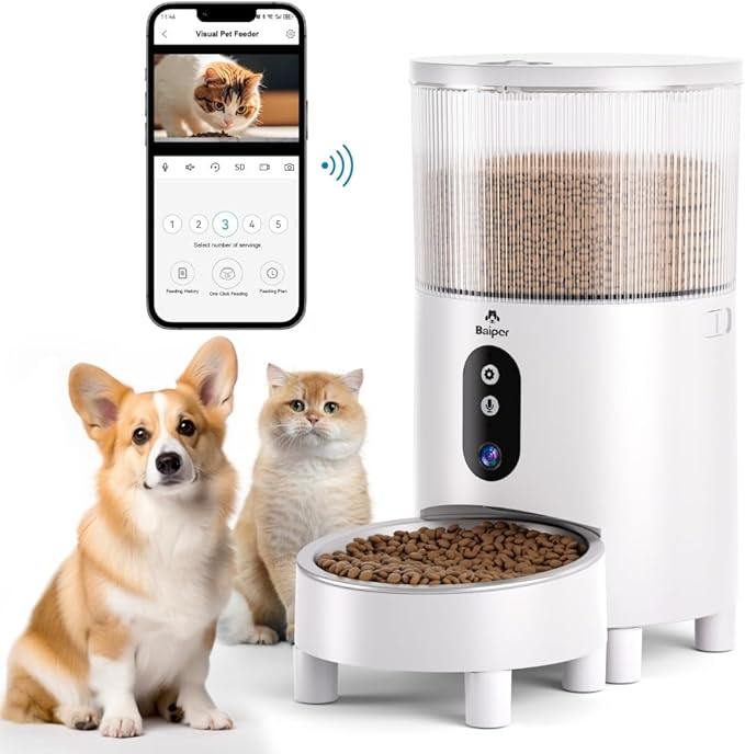 Single Hole Automatic Cat&Dog Feeder with Camera 780P HD Video with Night Vision 5G WiFi Pet Feeder with 2-Way Audio Low Food & Blockage Sensor Motion & Sound Alerts for Cat & Dog Single Tray White