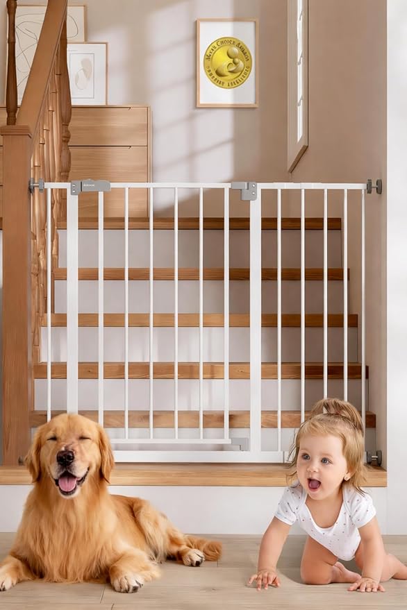 InnoTruth 29.5–40.75" Baby Gate for Stairs, 30" Tall Dog Gates for Doorways & Hallways, Safety Gate for Kids & Pets, Pressure-Mounted Walk-Through with Dual Lock & 2-Way Swing, White