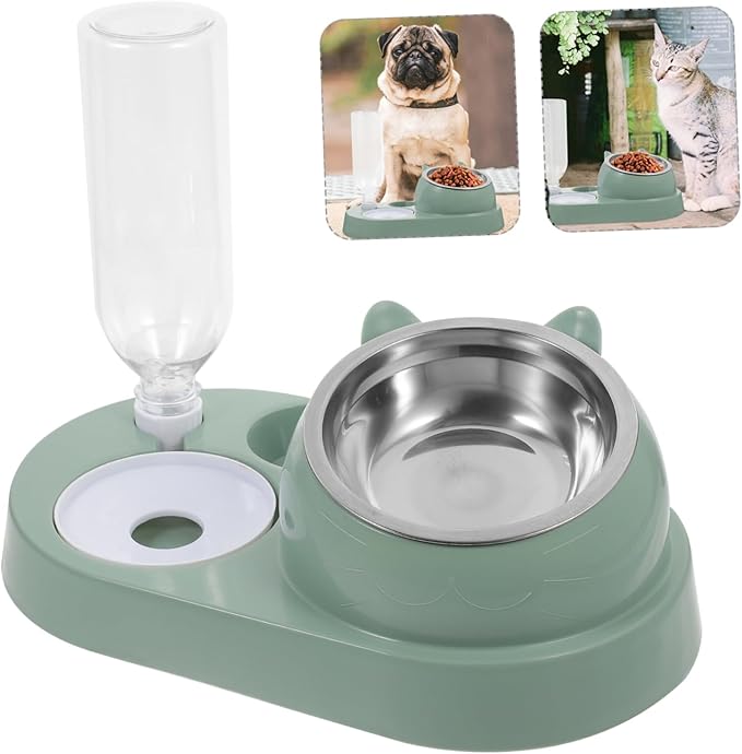 Automatic Pet Feeder and Water Dispenser Durable Dual Bowl and Cats Bite-Resistant with Stainless Steel for Home Use Dark Green Color