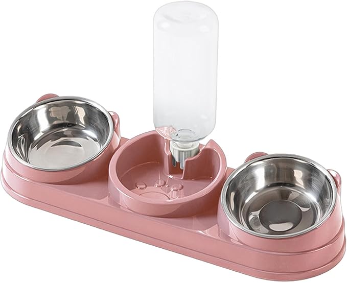 Triple Cat Bowls Pet Feeder with Water Dispenser 15° Tilted Wet and Dry Food Bowl Set for Small Dogs and Cats-