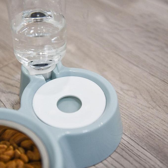 Double Puppy Cat Bowls - Pets Water Food Bowl Set, Stainless Steel Feeding Bowl Set with Automatic Water Bottle for Small Or Medium Size Dogs and Cat, Blue