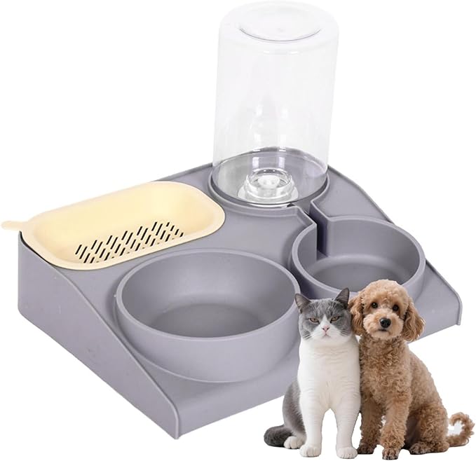 renvena Multi-Functional Dog and Cat Feeder Automatic Water Dispenser Bottle Double Slow Feed Bowls Grey One Size