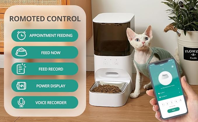 Automatic Cat Feeder, Timed Cat Feeder with APP Control,Dog Food Dispenser with Stainless Steel and Lock Lid, 30S Voice Recorder, 4L Programmable Pet Feeder,Up to 20 Portions 10 Meals Per Day
