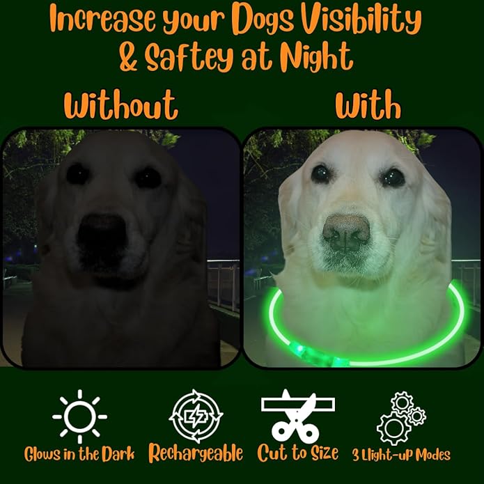 Dog Collar Light, Adjustable & USB Rechargeable, Water resistant, 3 light modes. Keep your Dog visible & safe at night, during walks. Suitable for all Pets, even people