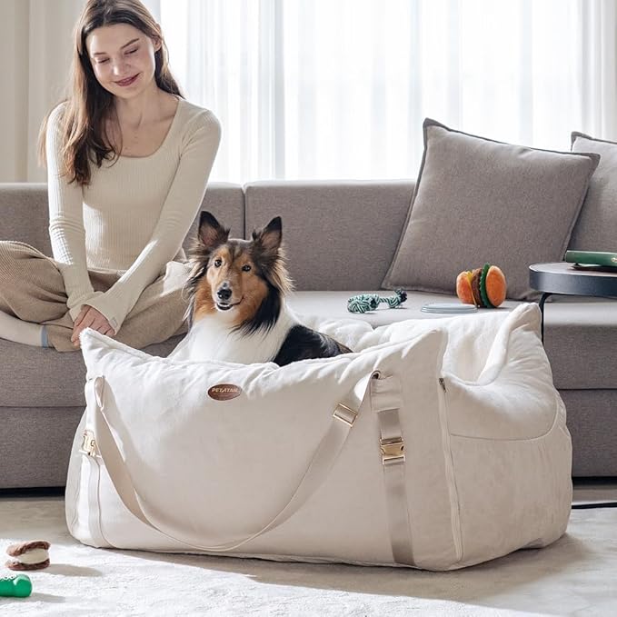 Celebrity Dog Car Seat – Durable Booster for Small, Medium & Large Dogs, Eco-Friendly Fabric & Artificial Leather, Detachable Washable Cushion, Travel & Safety (Natural Beige, XL)