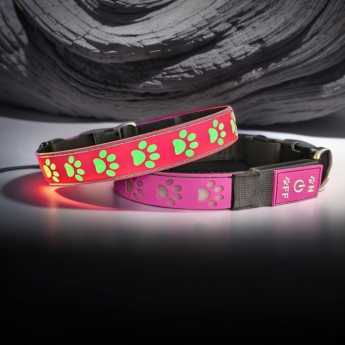 Personalized Dog Collar with Waterproof airtag Holder for Night Walk, USB C Rchargeable Light up, Adjustable Glowing Collar for Dogs (Pink 15MODES, M(11.8-15.7"))