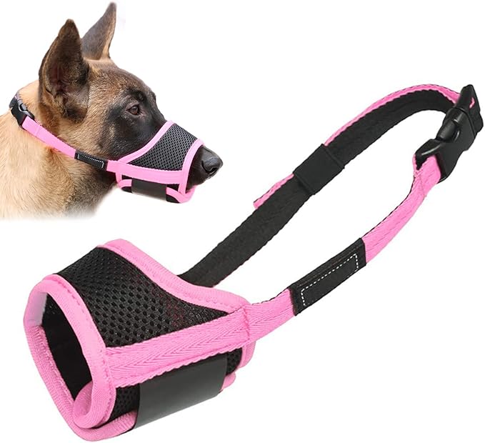 LUCKYPAW Dog Muzzle Anti Biting Barking and Chewing with Comfortable Mesh Soft Fabric and Adjustable Strap, Suitable for Small, Medium and Large Dogs(Pink Trim,L)
