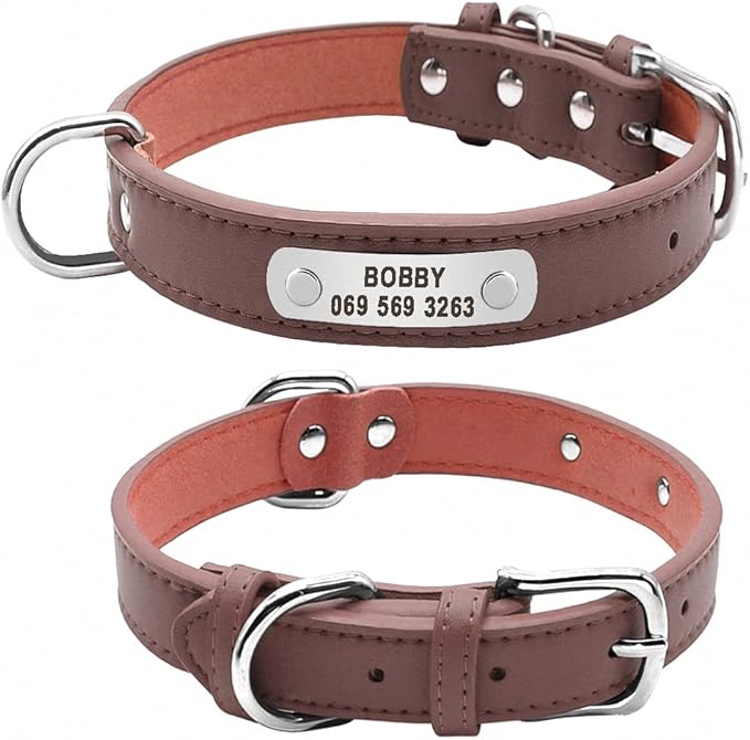 Large Durable Personalized Dog Collar PU Leather Padded Pet ID Collars Customized for Small Medium Large Dogs Cat 4 Size Brown L