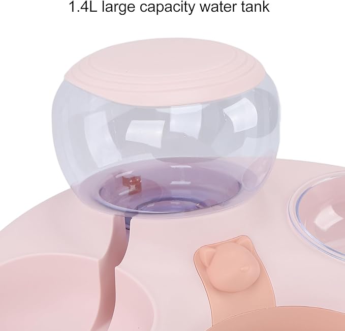 Dual Bowls 1.4L Cat Dog Water Dispenser Automatic Pets Water Food Feeder, Slant Mouth, Slip Base (Pink)