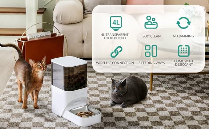 Automatic Cat Feeder, Timed Cat Feeder with APP Control,Dog Food Dispenser with Stainless Steel and Lock Lid, 30S Voice Recorder, 4L Programmable Pet Feeder,Up to 20 Portions 10 Meals Per Day