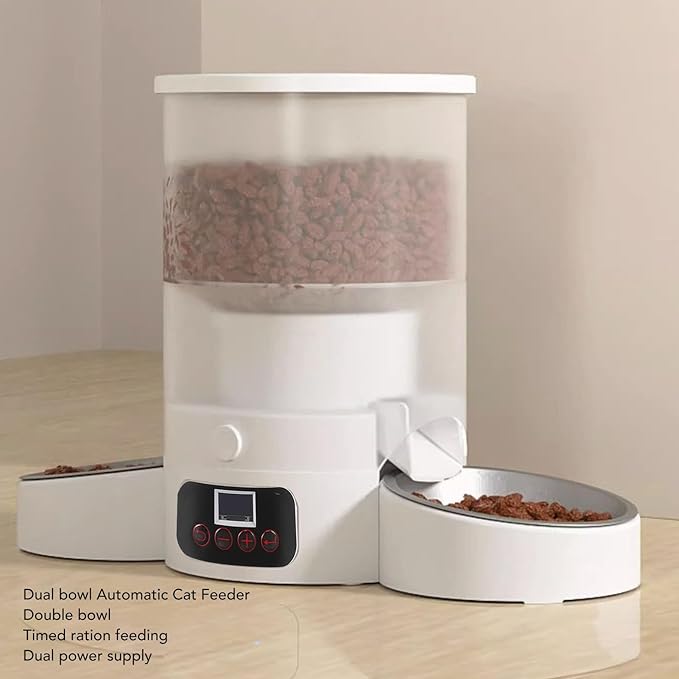 Automatic Cat Feeder, 3L Smart Timed Ration Cat Feeder, Auto Dog Feeder with 2 Stainless Steel Bowls, Battery Powered & Transparent Pet Feeder (White Double Bowl)