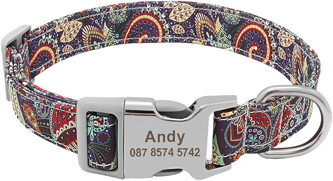 Custom Dog Collar Nylon Floral Engraved Pet Puppy Collar Print Personalized Name Collars for Small Medium Large Dogs Pitbull Purple M