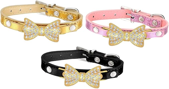 ERINGOGO 3Pcs PU Rhinestone Bowknot Pet Collar Set Small Size Mixed Colors Decorative Bow Pet Neck Collar for Dogs and Cats for Daily Wear