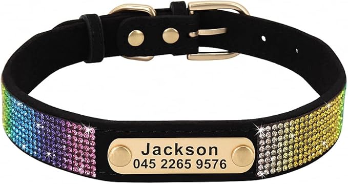 Custom Crystal Dog Collar Soft Leather Pet ID Collar Personalized Rhinestone Collars Adjustable for Small Medium Large Dogs Cat Black XS
