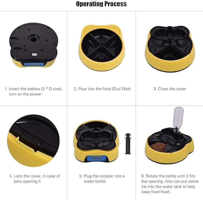 feeders Yellow 1.6L pet Dog cat Intelligent Automatic Feeder Timing quantitative Food Dualuse Water Dispenser 4 Meals recordable Battery Bowl Tray