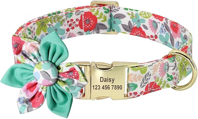 Custom Flower Dog Collar Nylon Floral Printed Pet Dog Collars Personalized Puppy Collar for Small Medium Large Dogs Cat Pitbull 167 Green L