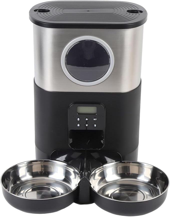 Automatic Pet Feeder, 5L Large Capacity Automatic Timed Cat Feeders with Visable Window Quantitative Feeding Stainless Steel 2 Bowls Dog Food Dispenser for Cats Dogs (Black)