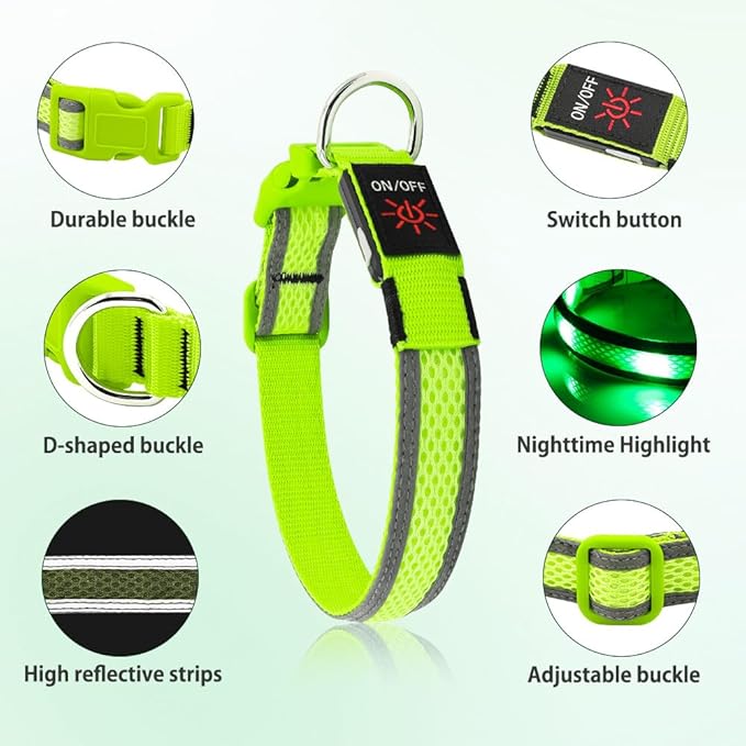 Illumifun Light Up Dog Collar - USB Rechargeable Dog Light Glow in The Dark - High Visibility LED Dog Collar for Night Walking (Medium, Fluorescent Green)
