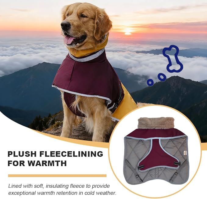 Waterproof Dog Winter Coat, Reflective Turtleneck Fleece Jacket with Snow Protection for Large Dogs, Cold Weather Pet Clothing (Yellow, 5XL)