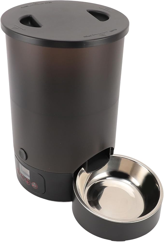 Focket Dog Cat Automatic Feeder Visible Bucket Automatic Pet Feeder Stainless Steel Key Control for Home (Black Single Bowl)