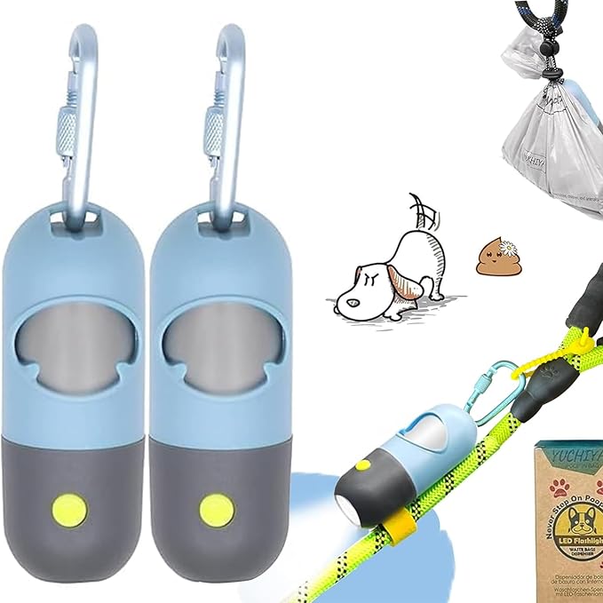 Dog Poop Waste Bags Holder with LED Flashlight|Cute Doggie Poo Bags Dispenser for Pet Leash|Trash Waste Bags Carrier with Potty Bags Clip Fastener LR44 Button Cells Included(2 Pack) (Sky Blue)